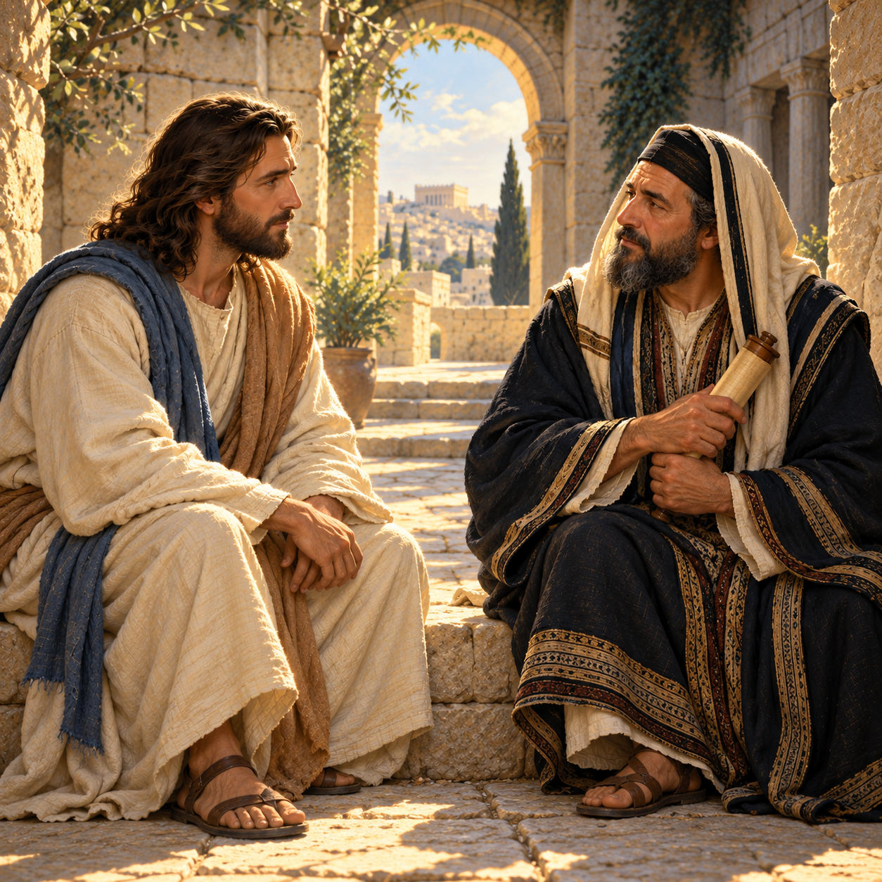 Jesús y un doctor de la Ley con un rollo cerrado conversan ante un arco luminoso de piedra